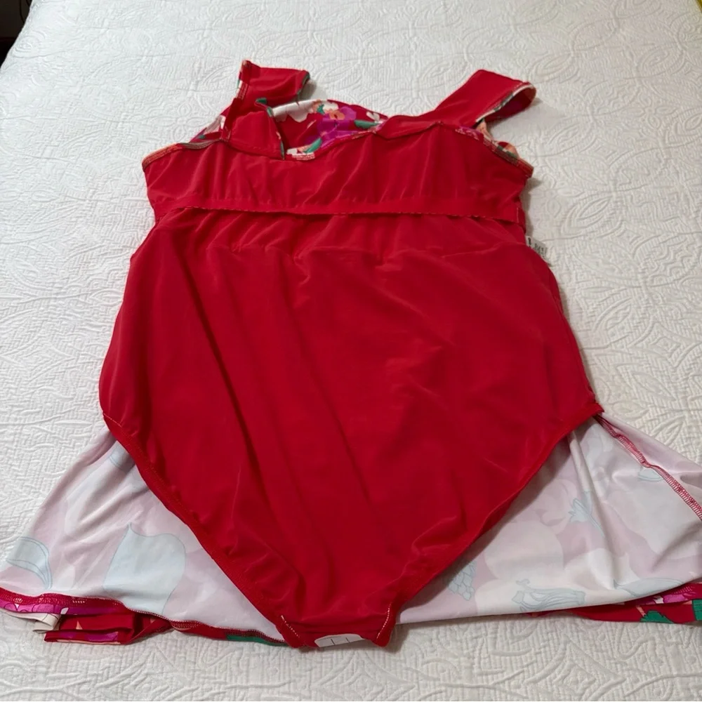 Lands 'End‎ 26W Smoothing Square Neck Ruched Swim Suit Dress Coral Rose Lilies